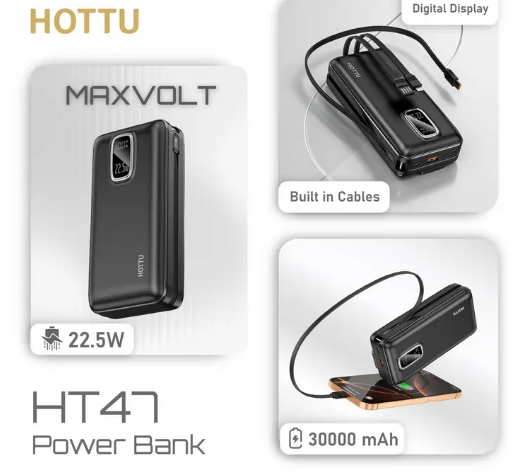 HOTTU HT47 Max Volt 30000mAh 22.5W Fast Charging Power Bank With Built-In Cable