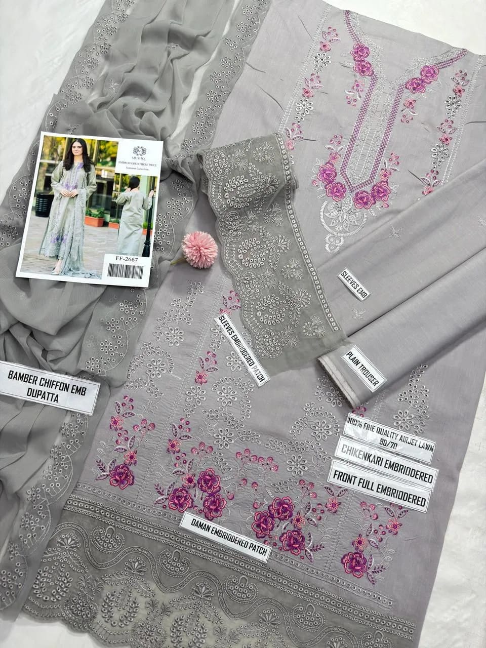 MUSHQ 3 PCS Untitiched Chikankari Embroidered Suit