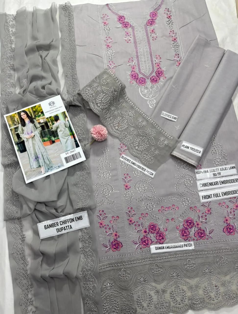 MUSHQ 3 PCS Untitiched Chikankari Embroidered Suit