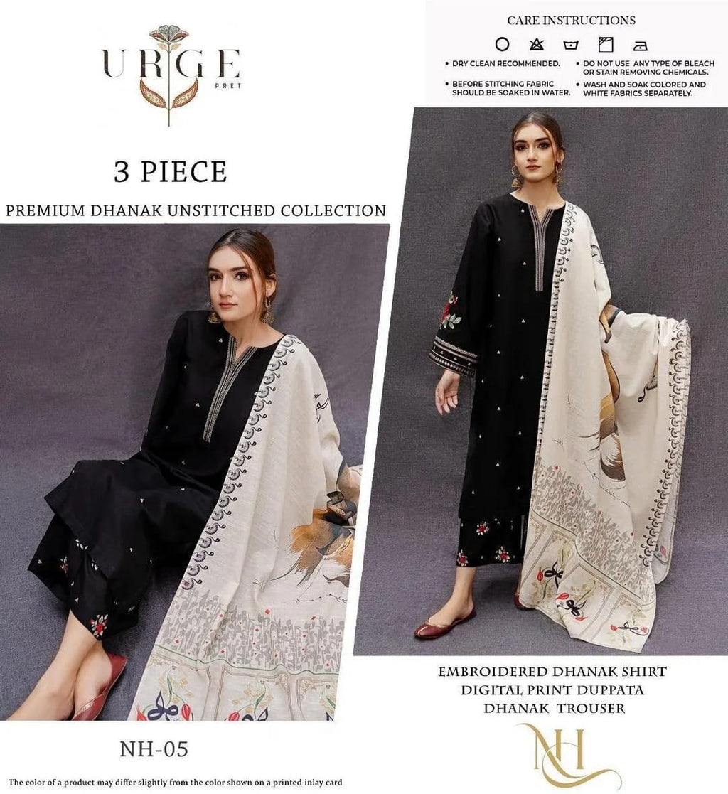 3 Piece Black Embroidered Dhank Suit With Printed Dupatta