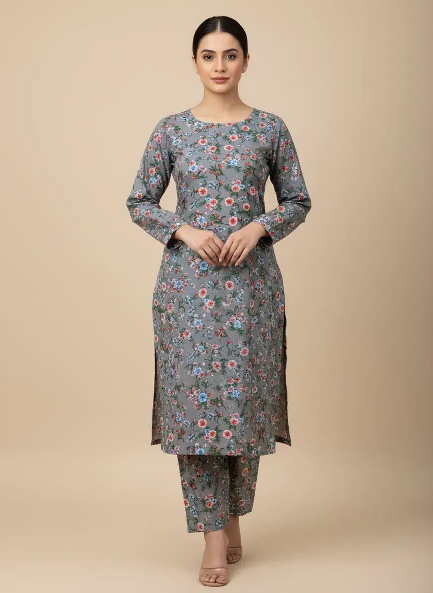 Women Unstitched Printed Suit grey Polo cotton 2 Pic