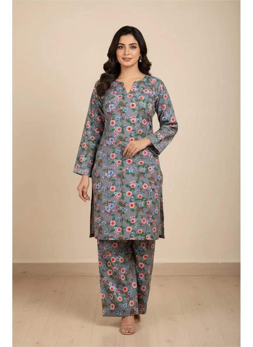 Women Unstitched Printed Suit grey Polo cotton 2 Pic