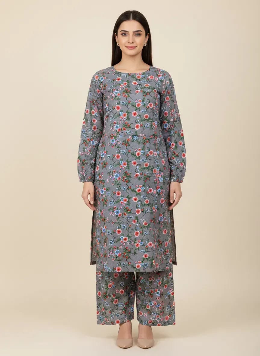 Women Unstitched Printed Suit grey Polo cotton 2 Pic