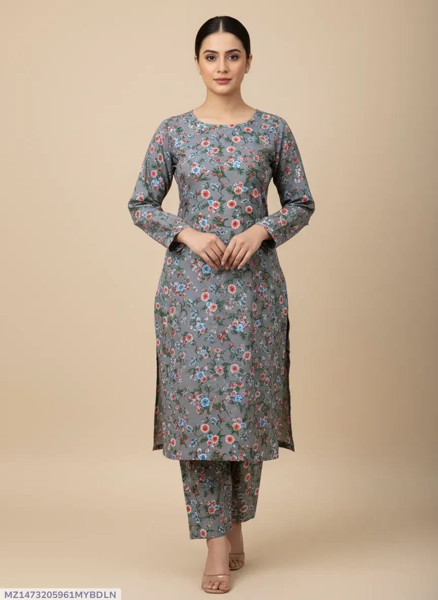 Women Unstitched Printed Suit grey Polo cotton 2 Pic